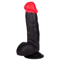 Фаллоимитатор чёрный с красным на присоске в ламинате