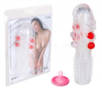 Стимулирующая силиконовая насадка с усиками и бусинками прозрачный с красным